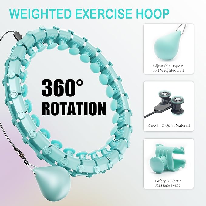Coolboss Weighted Workout Hula Circle 33 Knots Infinity Hoola Fit Hoop Plus Size for Adult Weight Loss - Smart Exercise Waist Ring, Detachable & Adjustment Silent Fitted Equipment Cyan