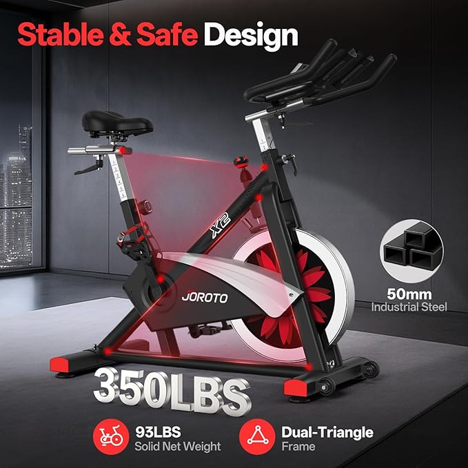 JOROTO Exercise Bike, Magnetic Stationary Bikes for Home with 40LBS Flywheel, App Supported Indoor Bike with 350LBS Weight Capacity, Low Noise,Digital Monitor,Bottle and Tablet Holder