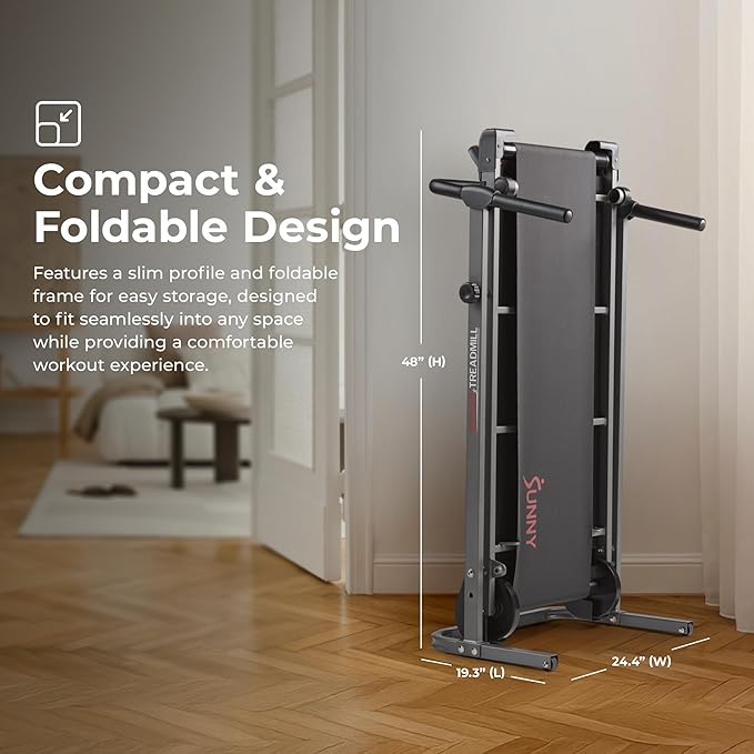 Sunny Health & Fitness Walking Pad Treadmill with Handle, Manual Compact Foldable Design Walking Running Non-Slip Surface Treadmill with Fixed Incline, LCD Monitor, Bluetooth Optional