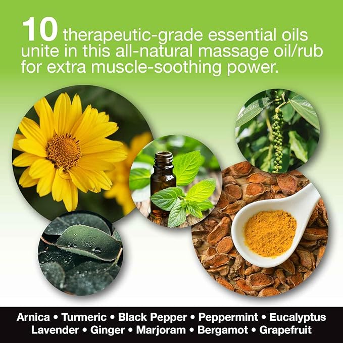 Skinsations - Hemp Massage Oil & Sore Muscle Rub – 100% Organic Relief with Arnica, Turmeric & 10 Essential Oils, Peppermint & Lavender in Sweet Almond & Hemp Seed Oil