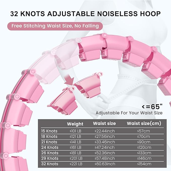 Plus Size Silent Weighted Hula Infinity Fitness Detachable Hoops 65-Inch 32 Knot, Smart Noiseless Infinity Hula for Women, Waist and Abdominal Home Weight Loss Exercise Fit Hoop