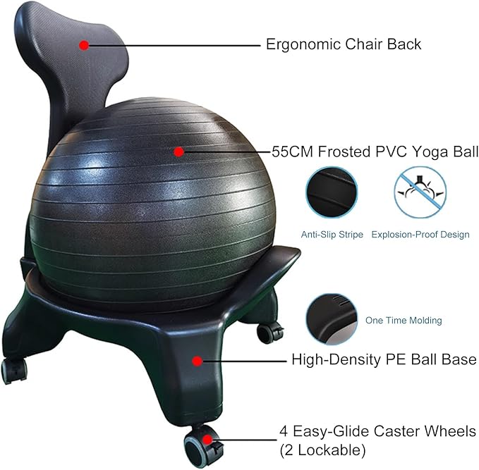 Adjustable Active Sitting Exercise Ball Chair, Heavy Duty Balance Ball Posture Chair 400 Lbs Weight Office Desk Chairs - Yoga Pilates Workout, Rolling Ball Chairs with Back