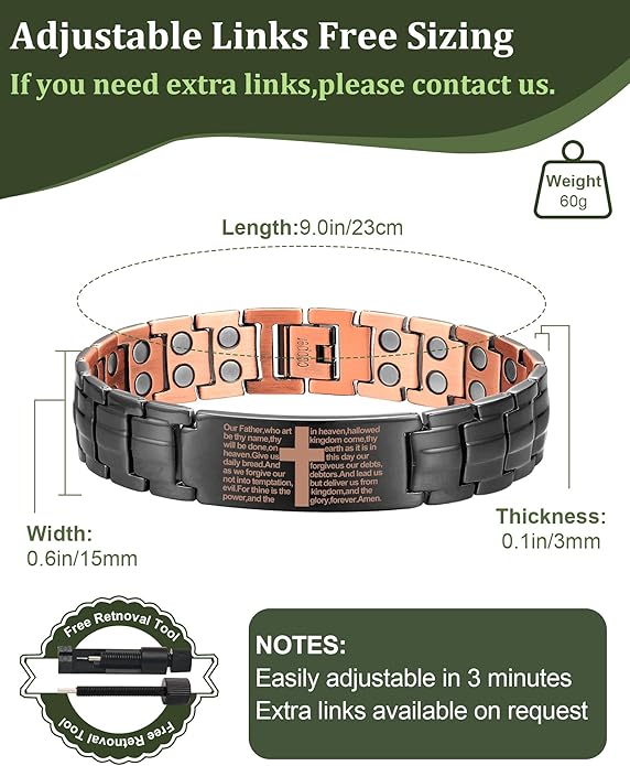 Copper Cross Bracelet for Men - Ultra Strength Magnetic Mens Cross Jewelry Set - Adjustable Magnetic Bracelet with Sizing Tool Jewelry Box