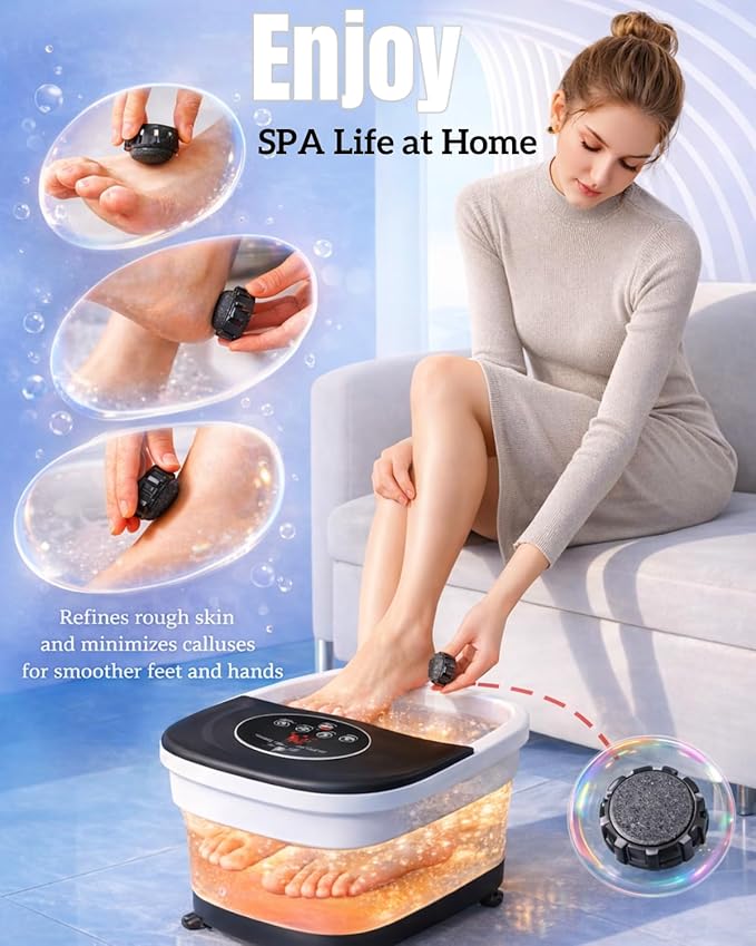 Collapsible Heated Foot Spa with Bubble and Red Light Temperature Control Foot Bath Massager and Soaking Tub Featuring 8 Shiatsu Massage Rollers Pumice Stone and Built-in Timer Ideal Gift for Wife,Mom
