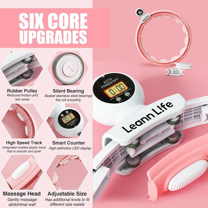 U5 Smart Weighted Hula Hoop with Counter & Waist Trimmer – 16 Knots, 28"–46" Adjustable Infinity Hoop Plus Size, Quiet Rubberized Wheels, Ab Workout Fitness, Weight Loss, Abdominal Toner
