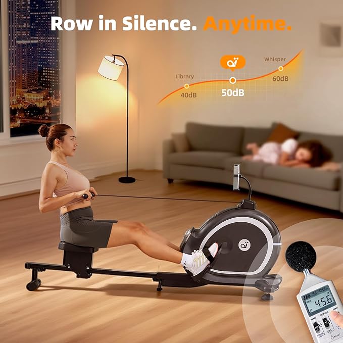 Magnetic Rowing Machine for Home, Compact Smart Rower with One-Touch Fold, 16 Levels Quiet Resistance, Bluetooth Heart Rate, 300LB Capacity, Self-Powered Design for Small Spaces