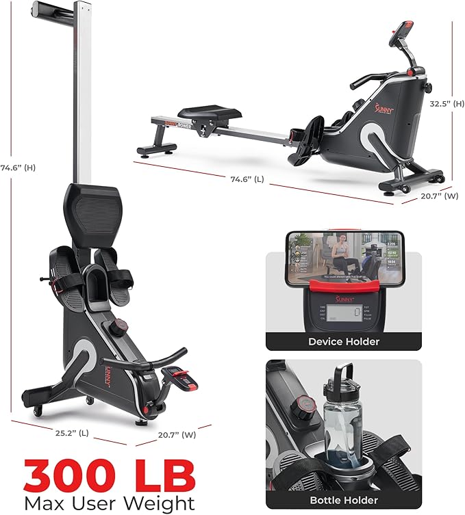 Sunny Health & Fitness Magnetic Rowing Machine Rower with 8-Level Resistance, 53.4" Extended Slide Rail & Digital LCD Display - SF-RW5515