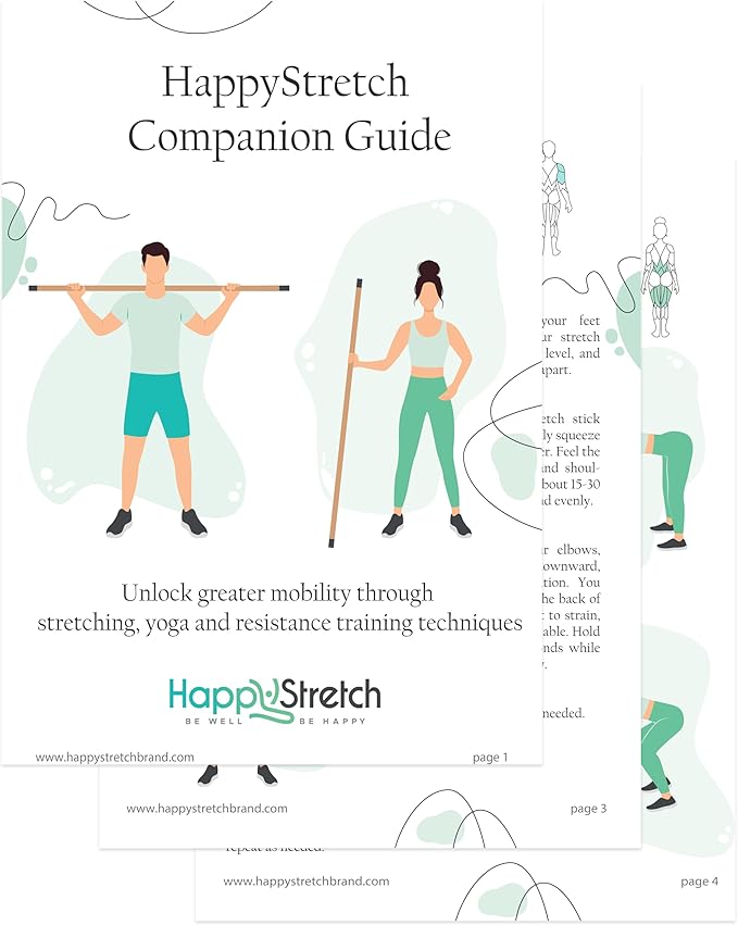 Yoga Stick Stretching, Flexibility and Strength I Bamboo Mobility Stretching Stick 5ft | Resistance Loop Exercise Bands Set of 5 | Workout Guide I Video Library | HappyStretch