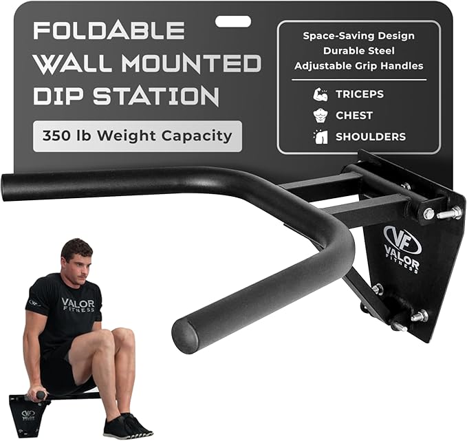 Valor Fitness Wall Mounted Dip Station - Foldable Triceps Dip Bars with Padded Handles for Home Gym Upper Body Strength Training - Supports Up to 400 lbs