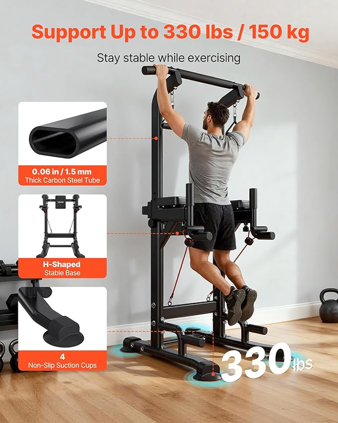 VEVOR Pull Up Bar, 330 LBS Power Tower Dip Station, Workout Dip Station with H-Shaped Stable Base & Back Pad, Adjustable 12 Level Height Free Standing Chin Up Bar for Back, 4-Level Adjustable Back Pad