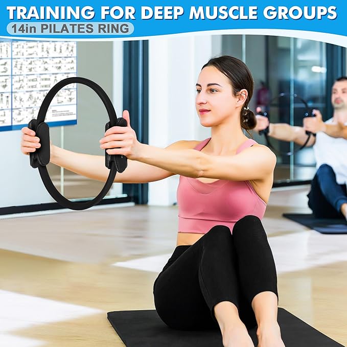 Pilates Ring Set Exercise Equipment, with Exercise Resistance Bands Set, Pilates Ball, Sliding Disks. Portable Home Gym - with Fitness Guide Poster