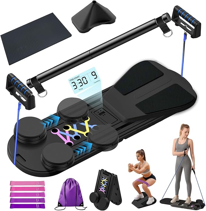Pilates Board for Home Workout,Foldable Multifunctional Pilates Reformer Set with Timer,Resistance Bands & Storage Bag,Portable Pilates Equipment for Abs,Core & Full-Body Exercise