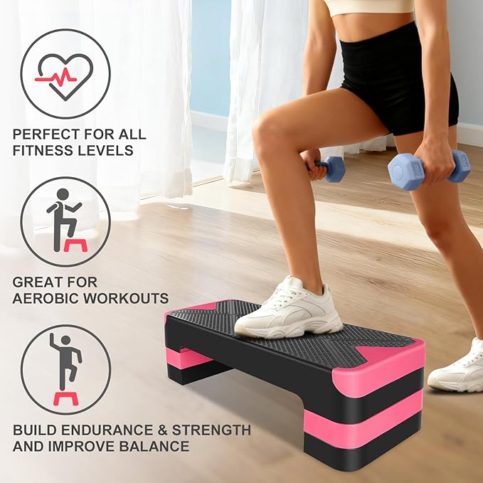 MIUDGIG 27" Exercise Workout Aerobic Step Platform Trainer, Adjustable Fitness 4-6-8in Exercise Stepper Workout with 4 Risers, Aerobics Stepper Workout Stepper for Home Gym Cardio Strength & Training