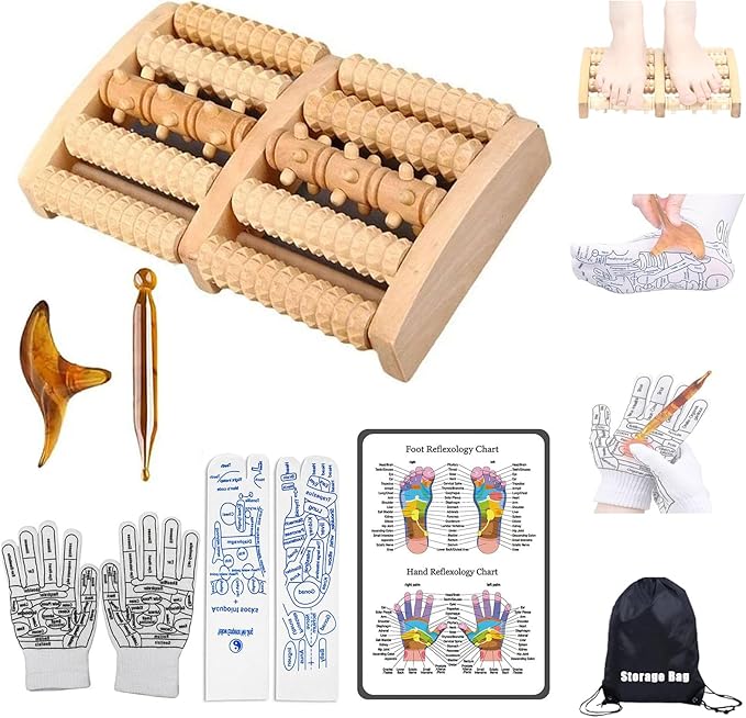 Wooden Foot Massager Roller with Reflexology Socks and Gloves Tools Set for Circulation, Pain Relief in Wide Feet, Health Promotion, Gift for Mom, Dad, or Elderly