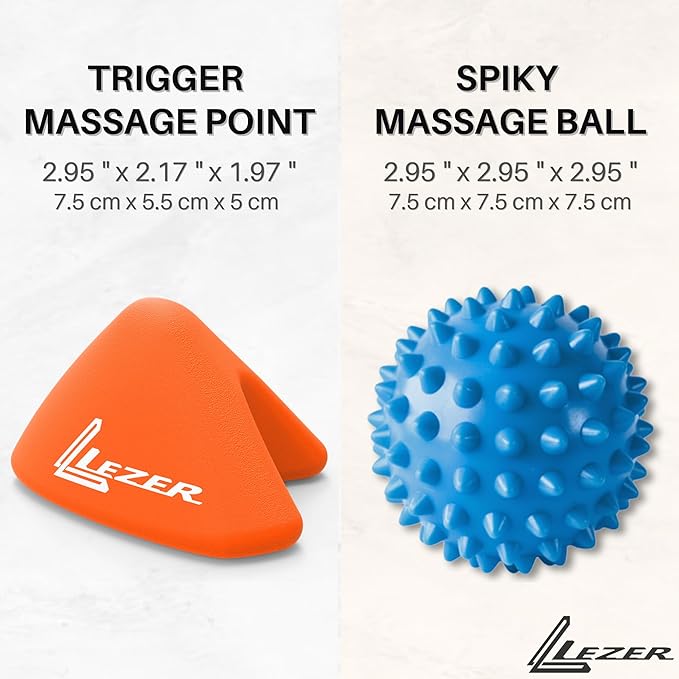 LEZER Trigger Massage Point, Manual Massage Ball, Hip Hook, Muscle Knot Release Tool, Deep Tissue Relief, Myofascial, Physical Therapy, Set of 2 (Orange Trigger and Spiky Ball)