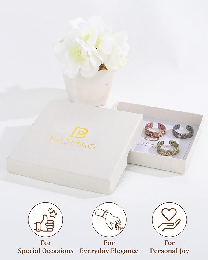 BioMag Magnetic Lymphatic Drainage Ring Set, 3 Pcs 99.99% Pure Copper Rings for Women with 3500 Gauss Magnets, Adjustable Size, Floral Branch and Leaf Pattern