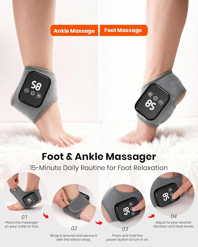 Foot Renew Massager for Neuropathy, 3-in-1 Cordless & Portable Foot and Ankle Massager for Heel, Arch & Ankle Relief, 3-Level Vibration & Heat, Ideal Gift, Includes Extension Strap (Gray 2pcs)