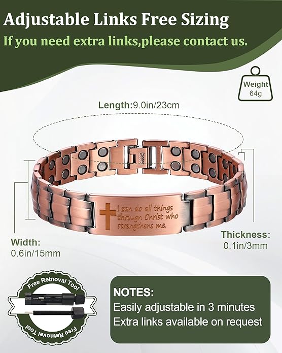 Copper Cross Bracelet for Men - Ultra Strength Magnetic Mens Cross Jewelry Set - Adjustable Magnetic Bracelet with Sizing Tool Jewelry Box