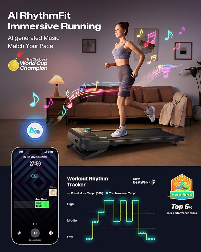 UREVO Auto Incline Walking Pad with AI App, Brushless Quiet Motorized Treadmill for Apartments, 9% Power Incline Standing Desk Treadmill, 12-Point Shock Absorption & Immersive Hiking