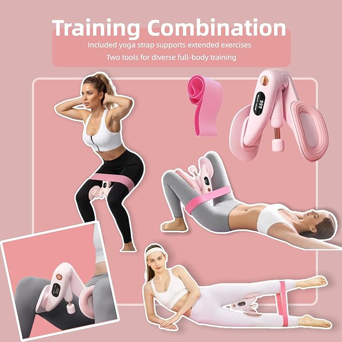 Inner Thigh Exerciser with 30 LB Resistance Bands, 10-78 LB Thigh Exerciser for Home Gym, 360° Rotating Thigh & Glute Workout Equipment, Portable Arm and Hip Trainer, Light Pink