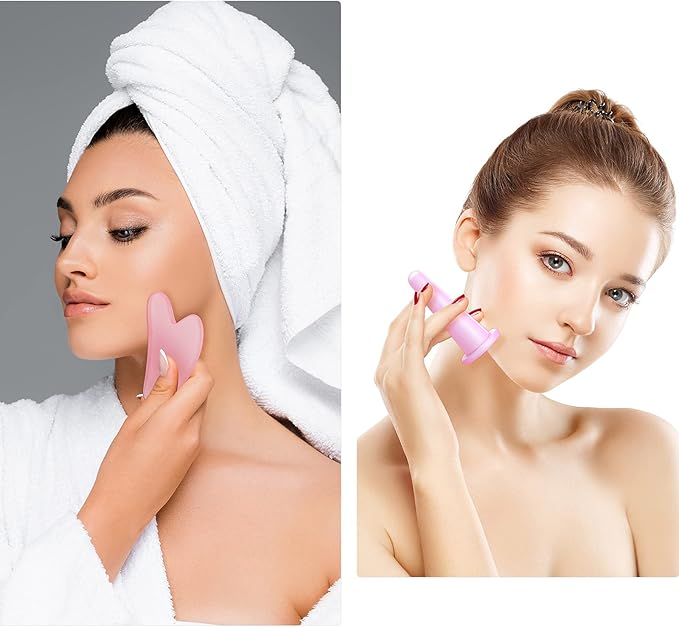 Nuanchu 4 Pieces Facial Cupping Massage Cups & Gua Sha Boards Set, 2 Pcs Gua Sha Massage Tool Facial Tool Heart Shape Guasha Scraping Board for Face Eyes Neck Back (Pink)