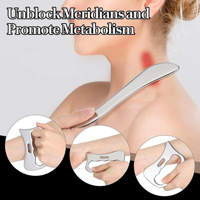 3 in 1 Guasha Massage Tool, Grade Stainless Steel Scraping Tool for Soft Tissue Upgrade Physical Therapy Stuff, Used for Back, Legs, Arms, Neck, Shoulder, Gua Sha Tools (Square+S-Shape+D-Shape)