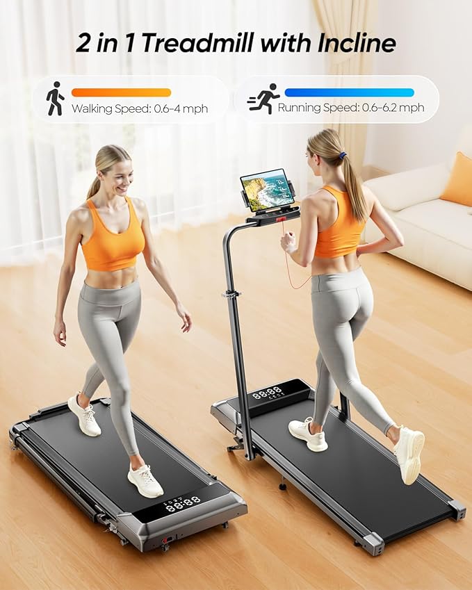 Walking Pad with 12% Incline & Height-Adjustable Handlebar, 5-in-1 Foldable Treadmill for Home & Office, Portable Under Desk Treadmill with LED Display & App Control