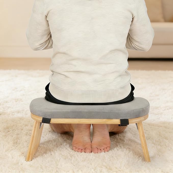 Bamboo Meditation Bench,Portable Bamboo Meditation Stool with Meditation Cushion, Foldable & 5°Ergonomic Tilt Kneeling Meditation Yoga Stool-396.83lbs Max. Load Capacity (Grey)