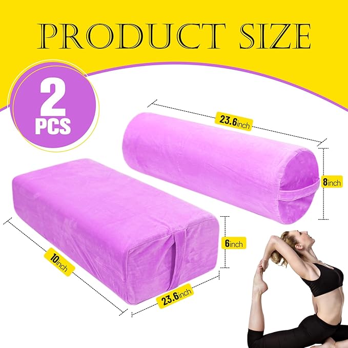 2 PCS Yoga Bolster Pillow for Restorative Yoga, High Density Foam Meditation Bolster with Washable Velvet Cover and Carry Handle Meditation Pillow Set with Round and Rectangular