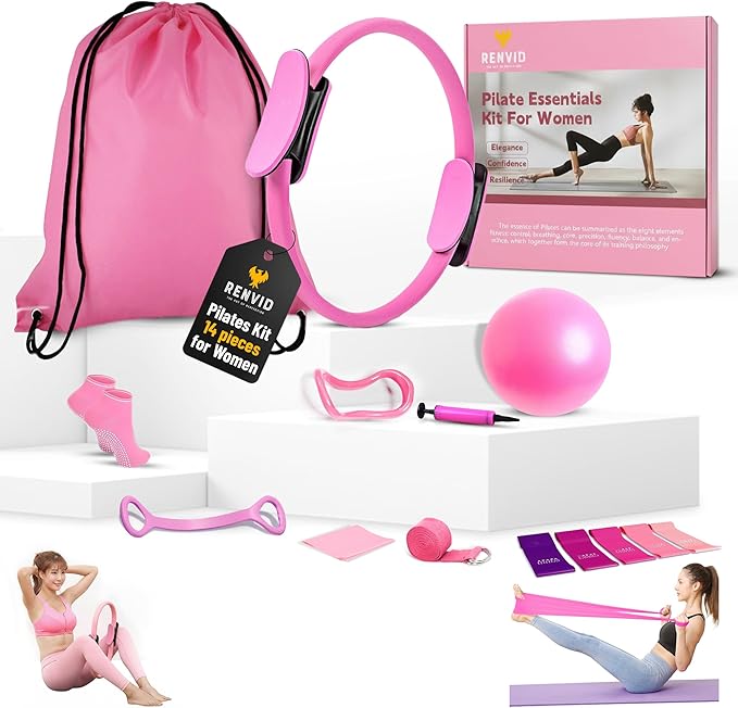 Pilates Ball and Ring Set for Women - 14-Piece At Home Pilates Kit with 12-Inch Magic Circle, 5 Resistance Bands, Home Workout Equipment for Full Body Training (Pink)