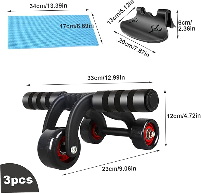 Abdominal Wheel Ab Roller 3 Wheels Non-slip Heavy Duty Low Noise Abdominal Wheel with Kneeling Mat and Braking Board Unisex Deodorant Breathable Handle Domestic Gym Equipment