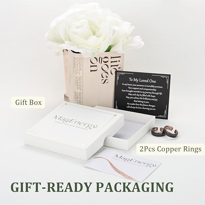 MagEnergy 2PCS Copper Rings for Men & Women, 99.9% Pure Copper Magnetic Adjustable Thumb Ring with Strong Magnet, Jewelry Gift with Present Box