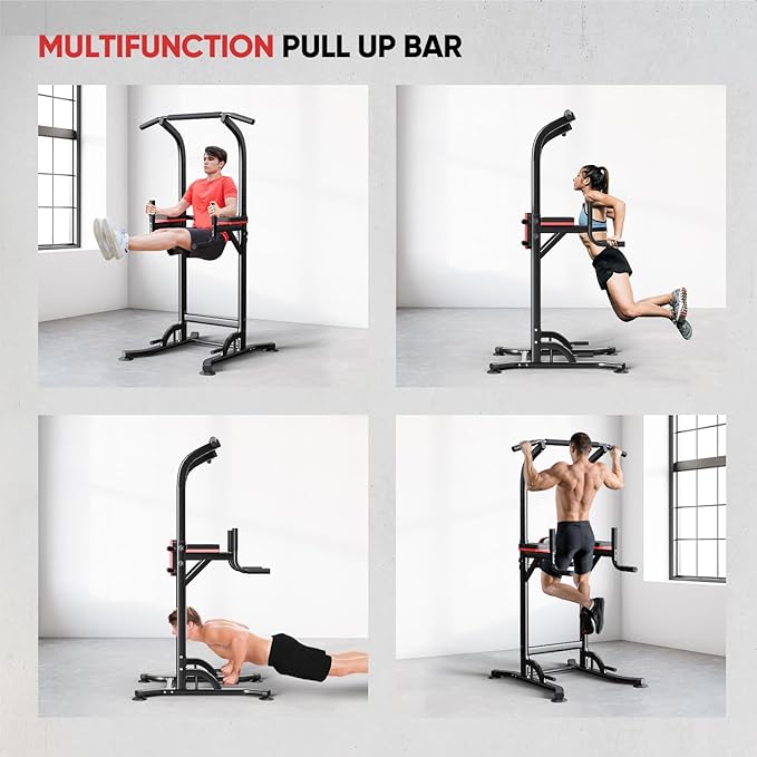 Pull Up Bar Station, Adjustable Multifunction Power Tower Dip Bar Station Home Gym Strength Training Workout Equipment for Pull-up Push-up Dips (Black-Classic).