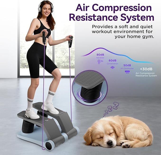 Air Stepper Exercise Machine with Resistance Bands, Stair Stepper with LCD Monitor, Adjustable Resistance Cardio Trainer for Home Workout, Compact Fitness Equipment, 300 lbs Weight Capacity