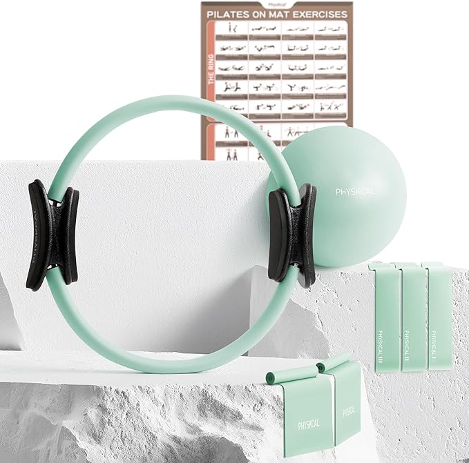 Pilates Kit, 15-Inch Pilates Ring with 1x Core Ball, 3X Resistant Loops and 2X Flex Bands, Home Pilates Equipment Set and Mat Pilates Essential Kit