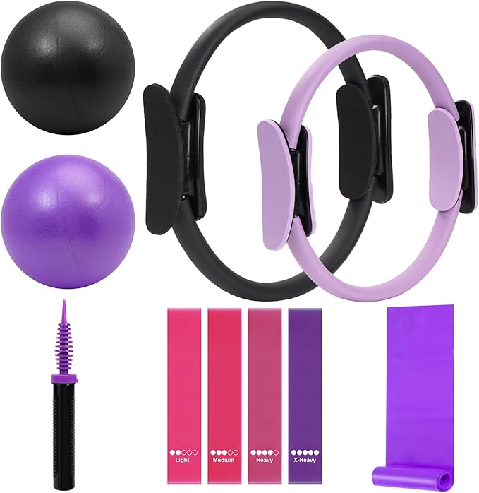 Pilates Ring Fitness Circles Set, Dual Padded Handles Home Pilates Equipment Set for Women Includes 2 Pilates Ring, 2 Pilates Mini Ball, and 5 Resistance Bands at Home Pilates Workout Set