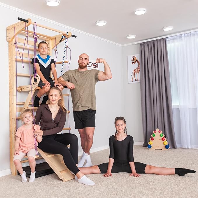Swedish Ladder Wall Bars with Pull-Up Bar & Dip Station – Wooden Stall Bars, Multifunctional Home Gym Wall Ladder for Strength Training & Stretching