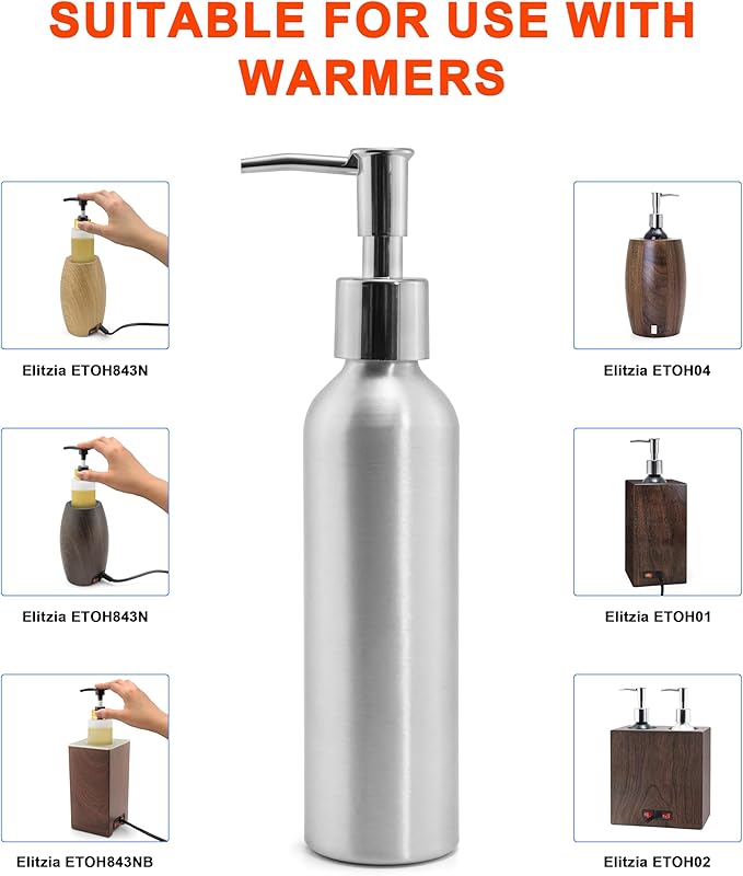 Elitzia ETOH01 ETOH02 Massage Oil Warmer Use Metal Pump Bottle Dispenser 1 Pack 8.45oz/250ml Portable Cylinder Massage Oil Gel Lotion Pump Durable Refillable Containers (Aluminum Bottle)