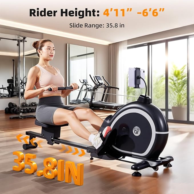 Magnetic Rowing Machine for Home, Compact Smart Rower with One-Touch Fold, 16 Levels Quiet Resistance, Bluetooth Heart Rate, 300LB Capacity, Self-Powered Design for Small Spaces