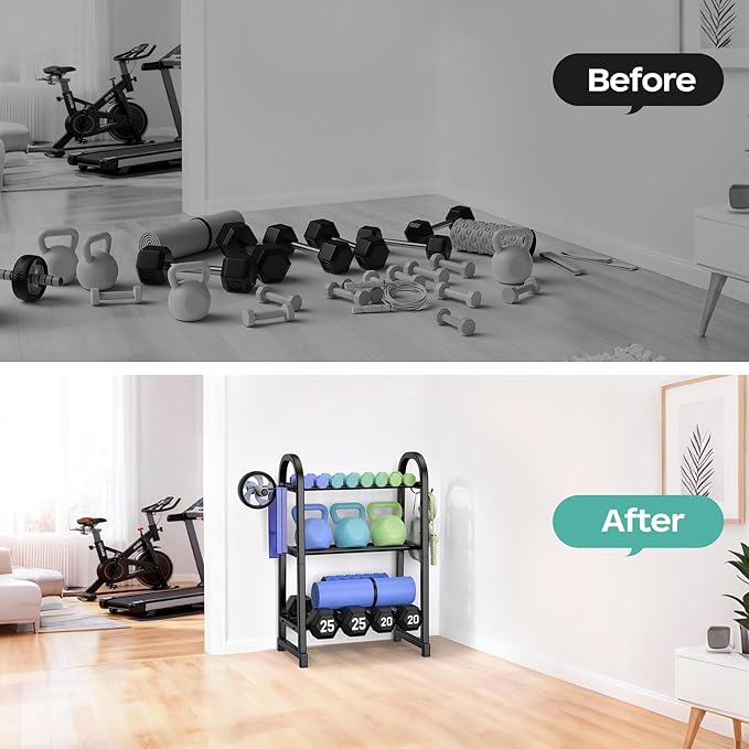 3 Tier Dumbble Rack - 360LB Capacity Adjustable Dumbbell Storage Rack Space-Saving Home Gym Weight Rack For Dumbbells And Kettlebells With Hooks (Dumbbell Rack Stand Only)