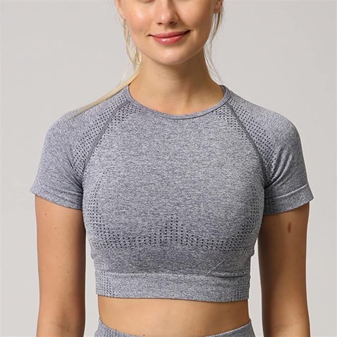 Yoga Set Seamless Women Long Sleeve Blouses Top Gym Sport Bra High Waist Tight Leggings Fitness Suit Shorts Sets (Color : Gray Shirt, Size : Large)