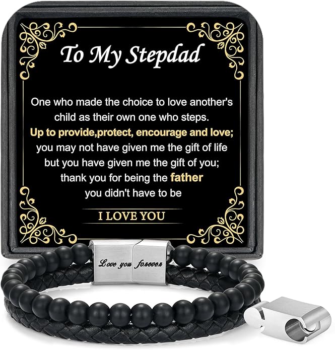 LUXEJEW Gifts for Men - Beaded Leather Bracelet 6mm Matte Agate Stone Bracelets for Men Dad Son Husband Boyfriend Grandpa Grandson Brother Uncle Nephew Adjustable Magnetic Clasp