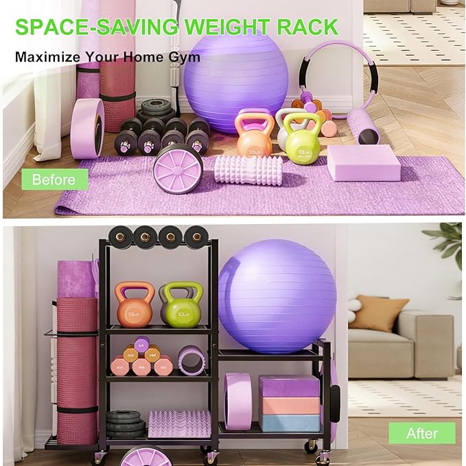 6-Tier Multi-Functional Home Gym Storage Rack with Wheels and Hooks, Adjustable Weight Rack for Dumbbells Kettlebells Yoga Mat and Balls, Space Saving Workout Equipment Storage Organizer