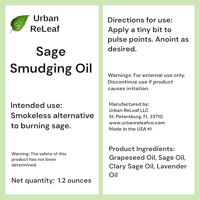 Urban ReLeaf Sage Smudging Oil 1.2 oz with Lavender! Cleansing Energy, Clear Anoint Bless Protection. Smokeless Alternative. Massage, 100% Natural Vegan, Made in USA