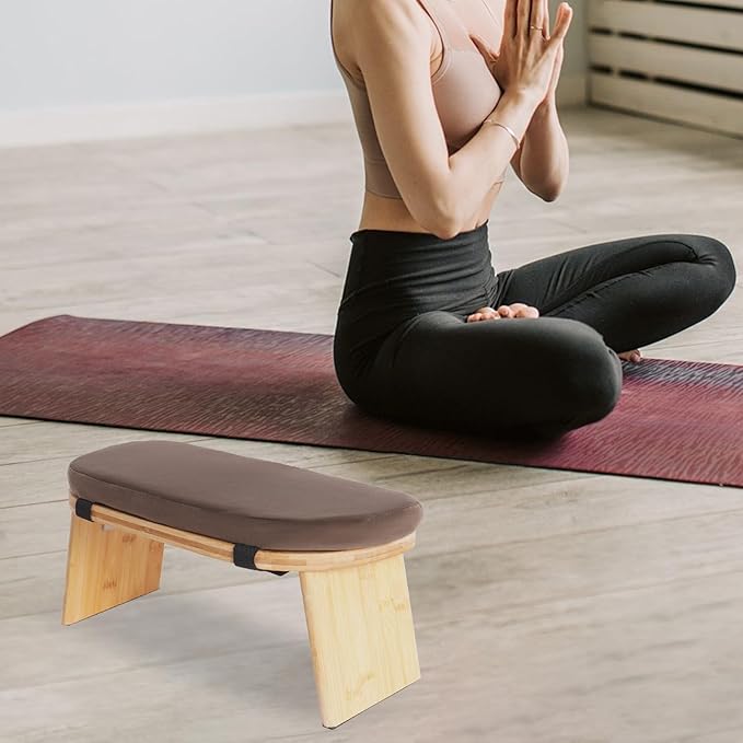 Meditation Bench, Folding Yoga Kneeling Stool, Portable Bamboo Prayer Cushion, Japanese Floor Chair (Brown)