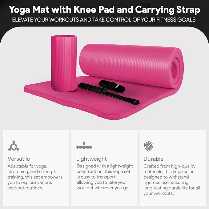 BalanceFrom 71x24 Inches Yoga Mat with Knee Pad and Optional Blocks – Extra 1-Inch Thick Non-Slip Foam with Anti-Tear Surface and Carrying Strap for Home, Studio, or Gym Workouts