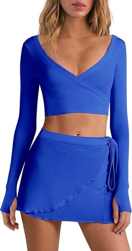 Nirovien Womens 2 Piece Workout Sets Sexy Pilates Outfits Athletic Gym Yoga Sets Ballet Wrap Top and Skirt