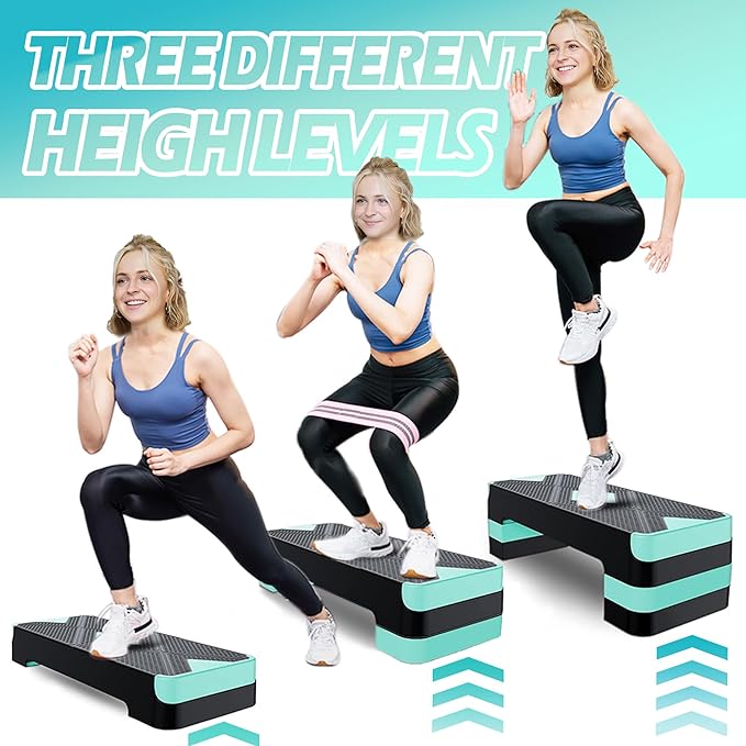 Adjustable Aerobic Exercise Step- Workout Step Platform, 26.5" Step Deck with 4", 6", 8" Height Risers, Women's Home Gym Fitness