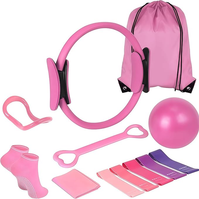 13-Piece Pilates Kit for Home Workout, Pilates Ring 13", Resistance Bands Set, Yoga Ball, Stretch Strap, Figure 8 Band, Non-Slip Socks & Carry Bag, Full Body Exercise Home Pilates Essentials