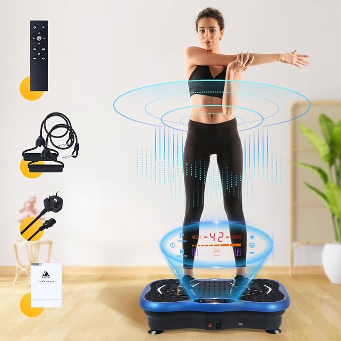 Himaly Vibration Plate Machine, Vibration Fitness Trainer with Bluetooth Speaker, 5 Program Modes, 2 Resistance Bands, Home Exercise Equipment for Fitness Body Toning